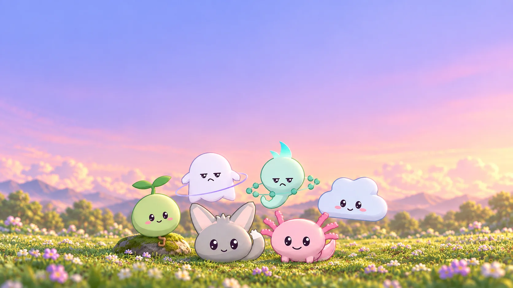 Ilustração dos seis pets juntos num campo, no fim da tarde.
